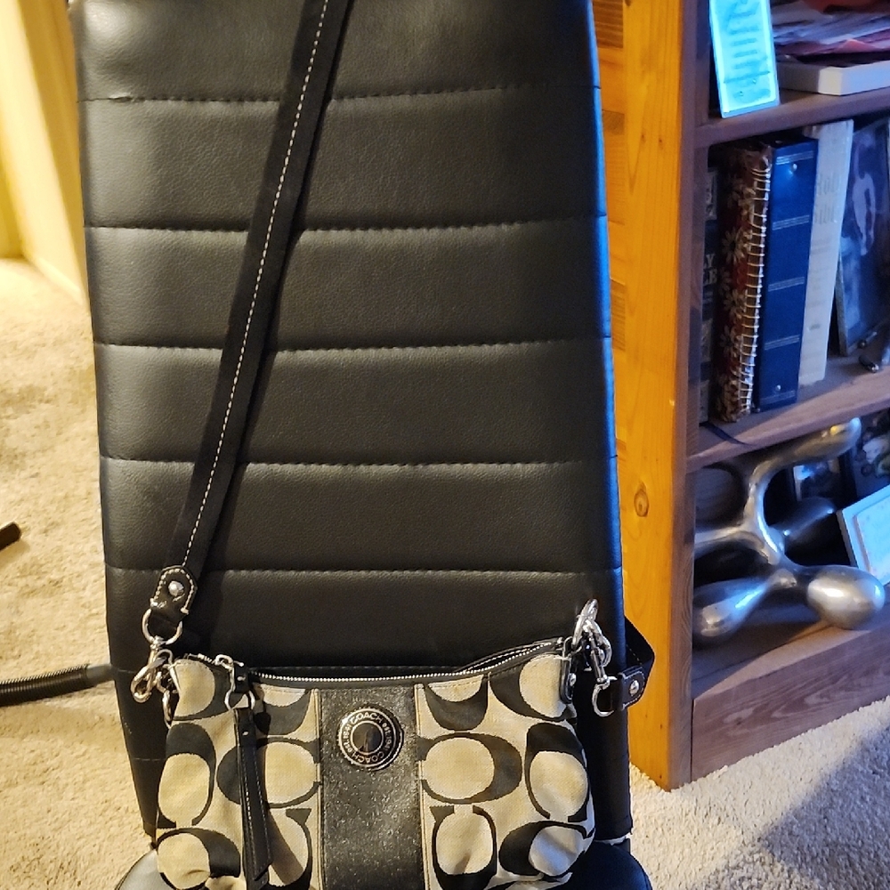 Elegant Black and Cream Crossbody Bag with Monogram Design